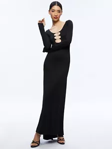 ALICE & OLIVIA (8 ) KALENA BEADED CUT-OUT LS BLACK MAXI DRESS NWT - Picture 1 of 14
