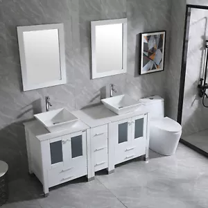 Double Bathroom Vanities 60" Cabinet Ceramic Vessel Sink Mirror w/Faucet Combo - Picture 1 of 6