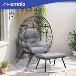 Oversized Egg Chair Rattan Wicker Indoor Outdoor Teardrop Cushion w/ Ottoman - Picture 1 of 10