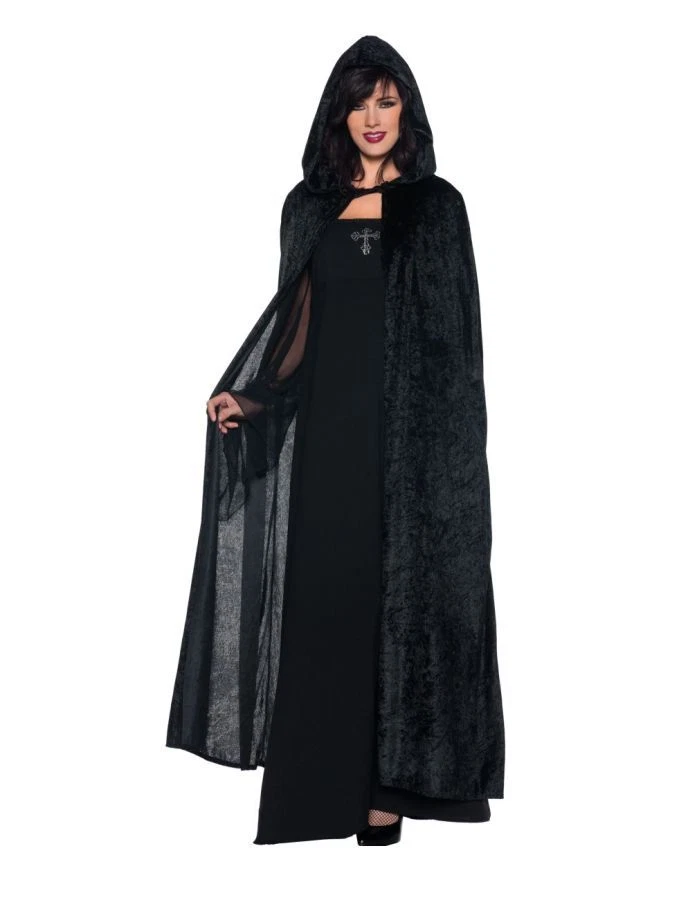 Hooded Adult Cloak Black Robe Velvet Witch Historic Vampire Underwraps Halloween - Image 1 of 1