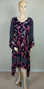 JOE BROWNS DARK BLUE PINK ASYMMETRICAL COTTON BOHO FLORAL BUTTERFLY PRINT DRESS - Picture 1 of 9