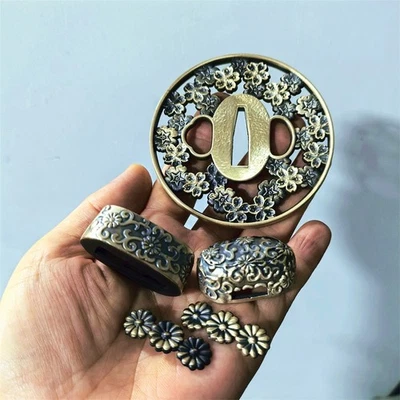 Cherry Blossom Set Brass Tsuba Kashira Fuchi For Japanese Katana Sword Fittings - Image 1 of 3