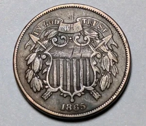 1865 Two Cent 2C Civil War Date  Copper  Obsolete Denomination. One Day Auction - Picture 1 of 4