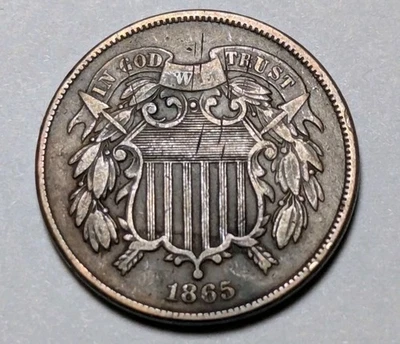 1865 Two Cent 2C Civil War Date  Copper  Obsolete Denomination. One Day Auction - Image 1 of 4