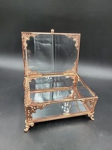 Beveled Glass Jewelry Casket Box By Cynthia Rowley New York Rose Gold Hinged Lid - Picture 1 of 6