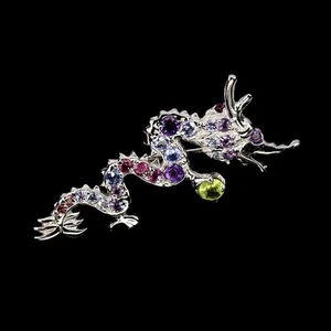 925 Sterling Silver Brooch Round Peridot Tanzanite Gemstone Dragon Jewelry - Picture 1 of 14