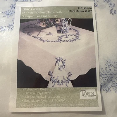 Tobin Stamped Cross Stitch Embroidery Tablecloth Blue Cascade 58x86 PLUS Napkins - Image 1 of 4