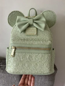 Loungefly Disney Parks Minnie Mouse Mint Green Sequin Backpack - Picture 1 of 5
