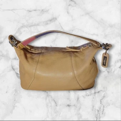 Liz Claiborne Natural Tan Leather Shoulder Bag Reversable Purple Stripe strap 20 - Image 1 of 4