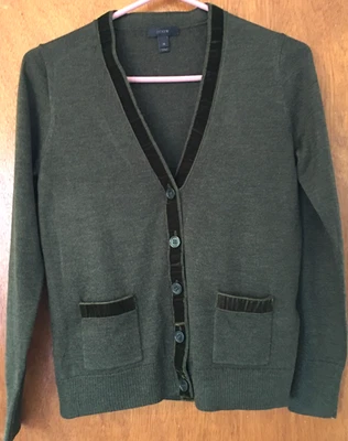 J. Crew Olive Green Merino Wool Blend Button Front Cardigan Size XS W/Velvet Trm - Image 1 of 4