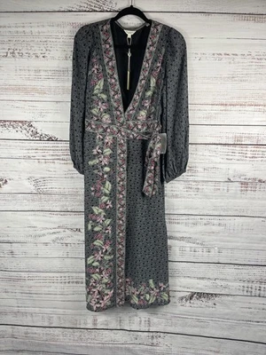 Max Studio Dress Womens Small Black Floral Boho Long Sleeve Belted V Neck Midi - Image 1 of 4