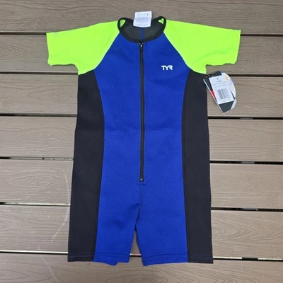 TYR Boys Girls Solid Thermal Swim Suit Zip up Royal Lime Black Size 7/8 New - Image 1 of 4