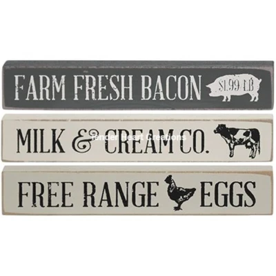 Set/3 Primitive Wood Sign Blocks Bacon Eggs Milk & Cream Farmhouse Shelf Tuck - Image 1 of 4