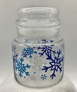 Clear Glass 5 1/2" Tall Canister/Jar With Blue & White Snowflakes - Picture 1 of 10