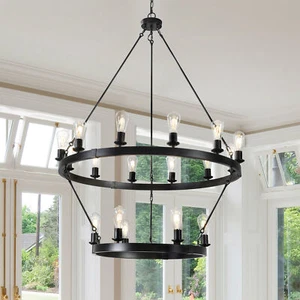 40 Inch Black Modern Pendant Light Wagon Wheel Ceiling Chandelier Lamp Fixture - Picture 1 of 8