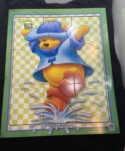 Vintage Winnie The Pooh Wood Puzzle Kids 9 Pieces Splash Raincoat Disney MB - Picture 1 of 7