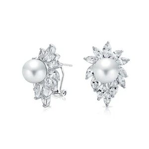Classic Vintage Halo Leaf CZ Stud Earrings with Marquise Simulated Pearl Silver - Picture 1 of 3