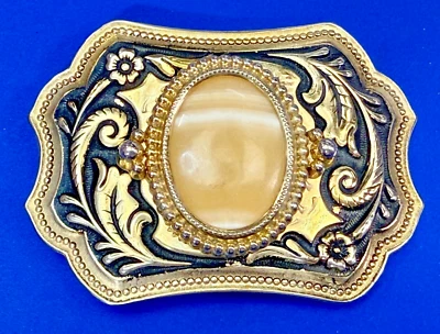 Hebilla de cinturón de cabina de color dorado y negro con piedra de cabujón de ágata calcedonia Foto 1 de 4