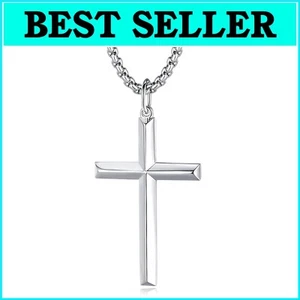 Stylish Men's Cross Necklace in Sterling Silver with Lobster Clasp - 24" Chain - Picture 1 of 11