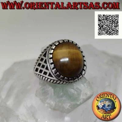 Anello in Argento 925‰ occhio di tigre ovale cabochon e rombi incisi sui lati (A - Immagine 1 di 4