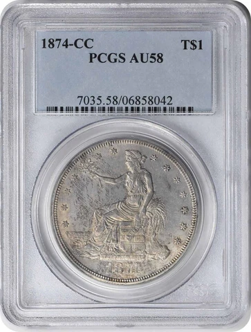 1874-CC Trade Silver Dollar AU58 PCGS Cover