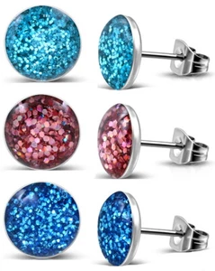 Glitter Flat Stud Earrings - STEEL - Hypoallergenic - Choose Colour - GIFT BOXED - Picture 1 of 26