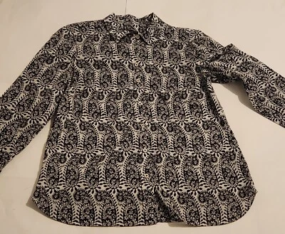 Talbot's Paisley Shirt M petite Black White Long Sleeves  100% Cotton - Image 1 of 4