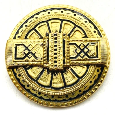 Broche Medallón Firmado CAROLINE STUART Tono Dorado Esmalte Negro Diseño Emmons Foto 1 de 4