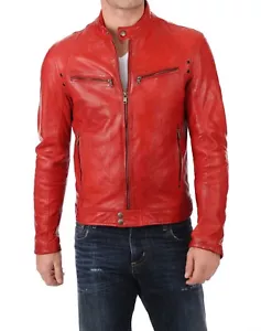 New Men's Genuine Lambskin Leather Biker Jacket Slim Fit Motorcycle Red Jacket - Picture 1 of 4