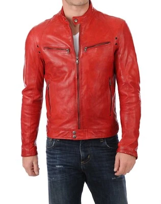 New Men's Genuine Lambskin Leather Biker Jacket Slim Fit Motorcycle Red Jacket - Image 1 of 4