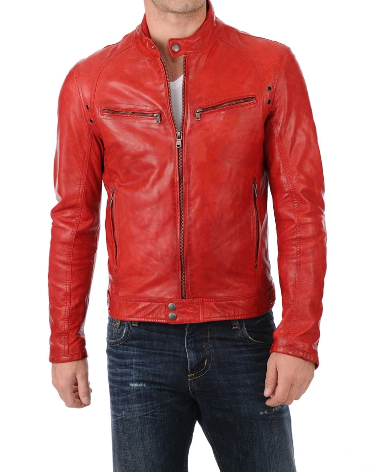 New Men's Genuine Lambskin Leather Biker Jacket Slim Fit Motorcycle Red Jacket - Image 1 of 4
