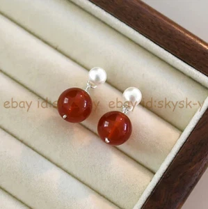 Natural Red Jade Round Gems 7-8mm White Pearl Double Beads Dangle Stud Earrings - Picture 1 of 6
