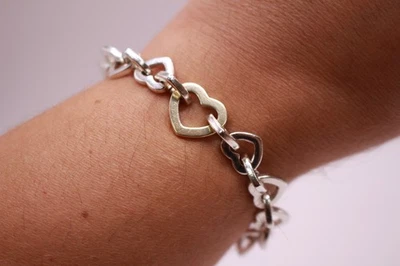 Tiffany & Co Sterling Silver 925 & 18kt Yellow Gold 750 Heart Link Bracelet 8" - Image 1 of 4