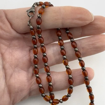 Collar gargantilla vintage de ámbar báltico y bolas de cuentas de plata de ley 925 con cuentas 17" Foto 1 de 3