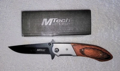 MTech MT-409 Wood grain Composite Handle W/ 440 Black Stainless Steel Blade New - Image 1 of 4