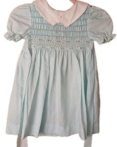 Polly Flinders Vintage Smocked Girls Blue Party Dress Size 6X Roses Lace Collar - Picture 1 of 8