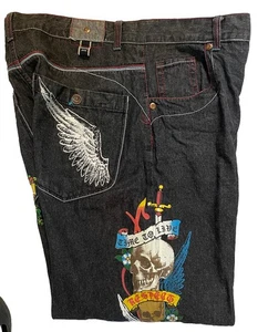 Vintage Y2K Russo Jeans Baggy Embroidered Graphic Cybergoth Grunge Punk Sz 44x32 - Picture 1 of 8