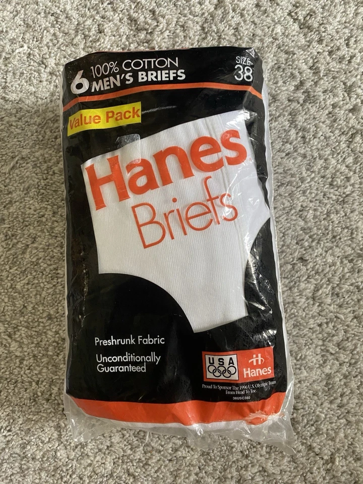 NEW Vintage 1995 NOS Mens Hanes Briefs 100% Cotton White Rare 6 Pack Sz 38 - Image 1 of 4