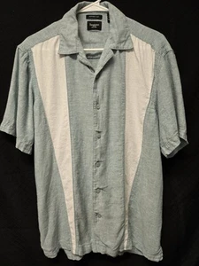 Haggar Shirt Men's M Striped Blue Linen Blend Retro Cruise Rockabilly Summer - Picture 1 of 5