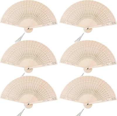 6 PCS Wooden Folding Fans Handheld Vintage Wood Hand Fan Foldable 6pcs  - Image 1 of 4