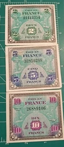 France 2 + 5 +10 Francs 1944 AMC p#114-116 , AMC WWII, - Picture 1 of 8