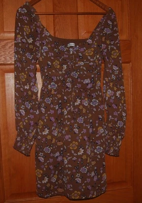 Mini Vestido Hollister Para Mujer Talla XS Manga Larga Cuello Redondo Marrón Floral Foto 1 de 4