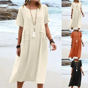 Women's Summer Loose Casual Breathable Cotton Linen Short-sleeve Midi Dress - Picture 1 of 8