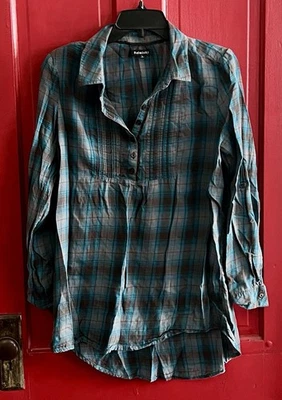 Camisa de manga larga para mujer Relativity a cuadros verde azulado y marrón. Talla L Foto 1 de 3