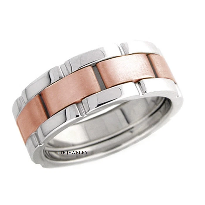  TWO TONE GOLD MENS WEDDING BANDS, 14K WHITE & ROSE GOLD MENS WEDDING RINGS 8MM - Image 1 of 1