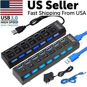 7 Port USB 2.0 / 3.0 Hub Splitter Adapter High Speed For PC Laptop Mac Desktop - Picture 1 of 14