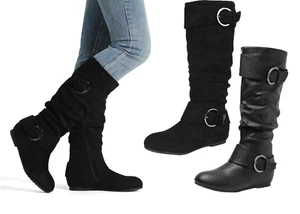 Women Slouchy Knee High Boots Hidden Wedge Heel Faux Fur Lined Zip Up Boots - Picture 1 of 11