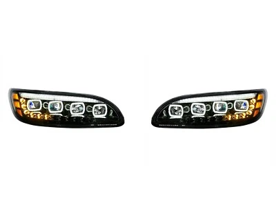 Pair Black Quad-LED Headlights With LED DRL & Sequential Signal For Peterbilt - Image 1 of 4