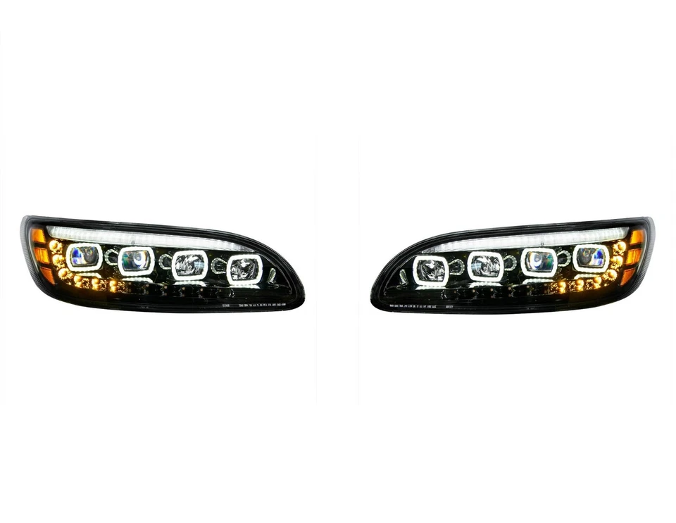 一对黑色四 LED 车头灯带 LED DRL 和顺序信号适用于 Peterbilt — 第 1/4 张图片