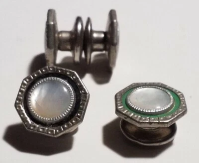 Unique Cufflinks Vintage "Snap Link" Mother Of Pearl W Enamel Inlay green& black - Image 1 of 4